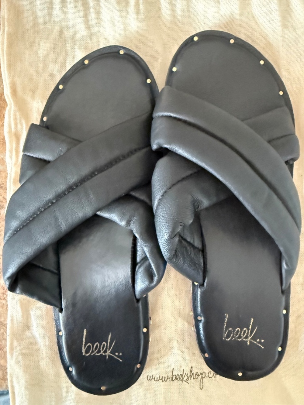 Beek Myna Black Braided Leather Slide Sandals Handmade